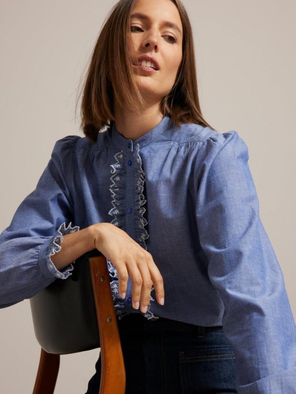 Cyrillus Clothing Womens Shirts, blouses | Cyrillus chambray shirt with embroidered ruffle BLEU JEANS www.solbiblecamp.com