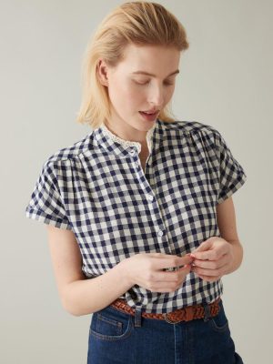 Cyrillus Clothing Womens Shirts, blouses | Cyrillus gingham check top with embroidered collar VICHY MARINE www.solbiblecamp.com